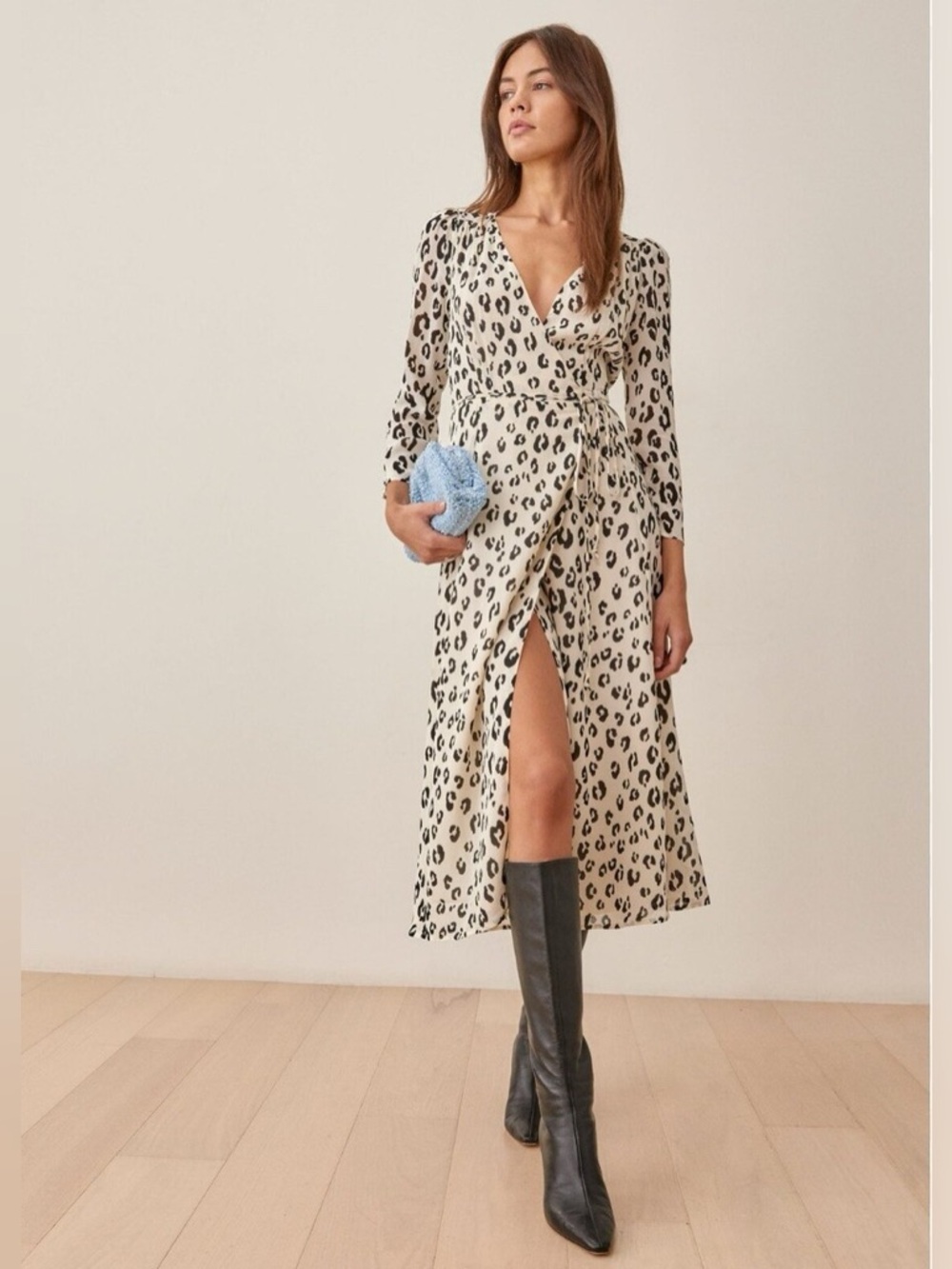 Reformation Melba Wrap Dress In Snow Leopard Size Small
